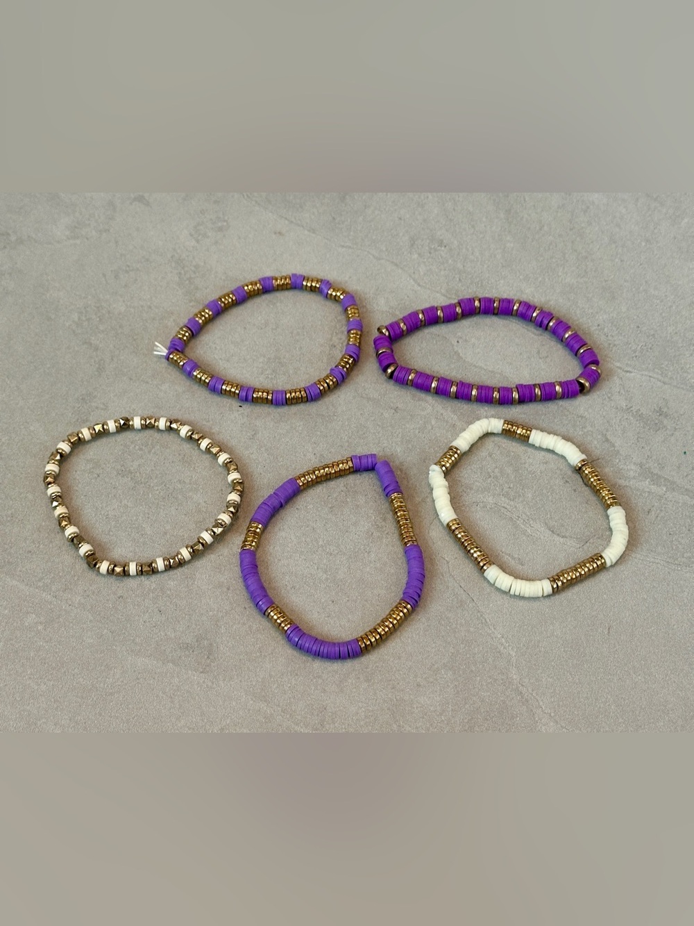 Set of 5 - Bead Stackable Stretch Bracelets Purple White Gold